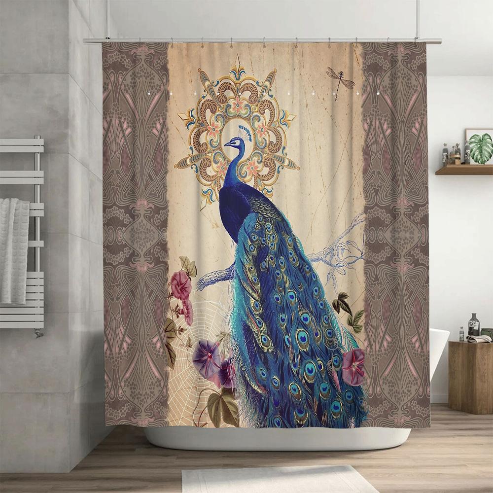 Peacock Shower Curtain Floral Birds Pattern Bathroom Decor Waterproof Fabric Vintage Nature Blue Teal Home Textile Room Divider