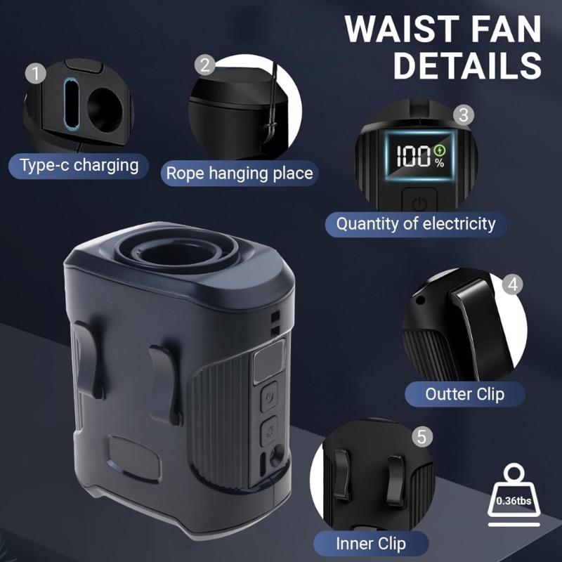 Small Belt Fan Waist Clip Fan Wearable Cooling Fan Rechargeable Fan 4000mAh Battery Suitable for Office and Home Use