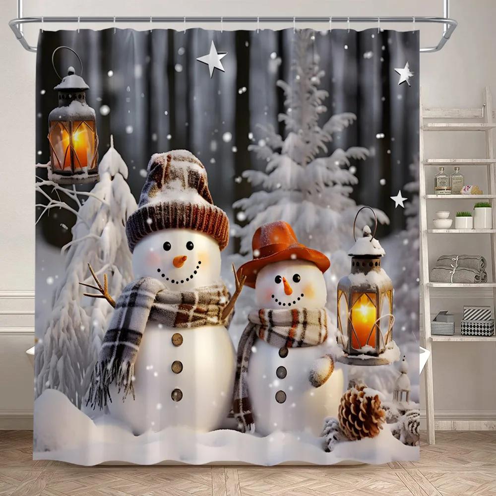 Funny Snowman Shower Curtain Set Xmas Ball Silver Pine Branches Gift Christmas Home Bathroom Decor Rug Bath Mat Toilet Lid Cover