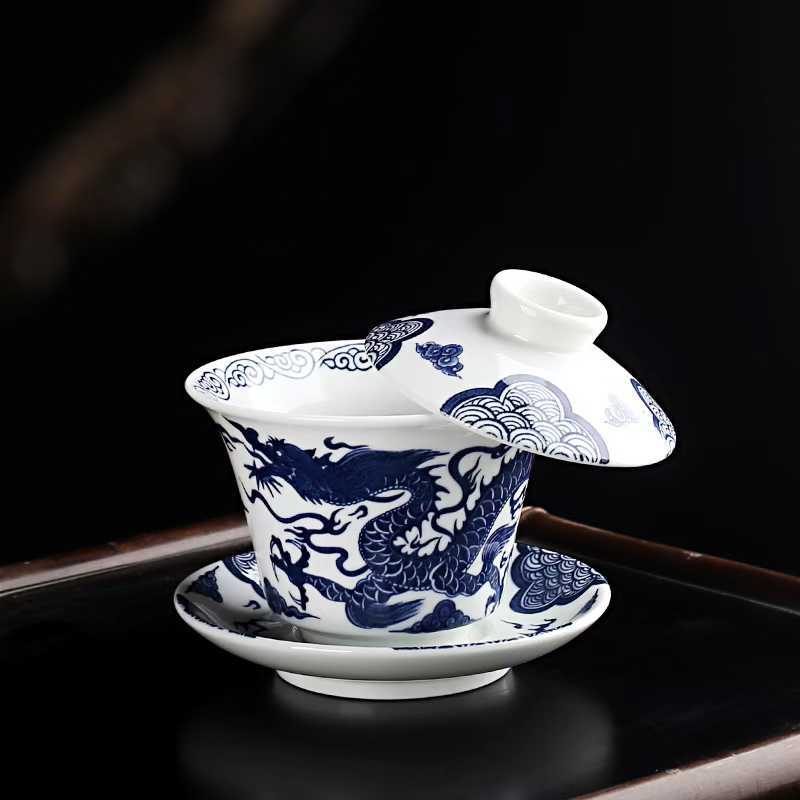 Hover And Rotate The Cover Bowl, Teacup Tea Set, Single High-Grade Suet Jade Three Talents With Lid, Tea Bowl Making Tea, Hand-Grasping Pot