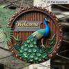 2D Flat, 1pc Round Aluminum Peacock Welcome Metal Sign, Tropical Bamboo Wall Plaque-Unique Design, Waterproof & Rustproof, Perfect for Front Door