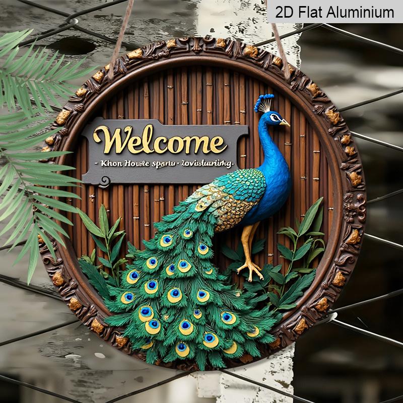 2D Flat, 1pc Round Aluminum Peacock Welcome Metal Sign, Tropical Bamboo Wall Plaque-Unique Design, Waterproof & Rustproof, Perfect for Front Door