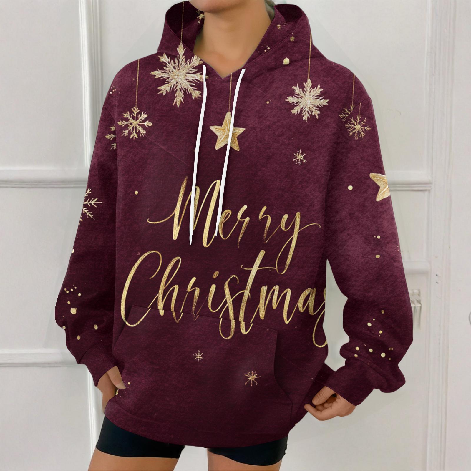 

Женская модная толстовка с рождественским принтом, повседневная толстовка с капюшоном и карманами M винный