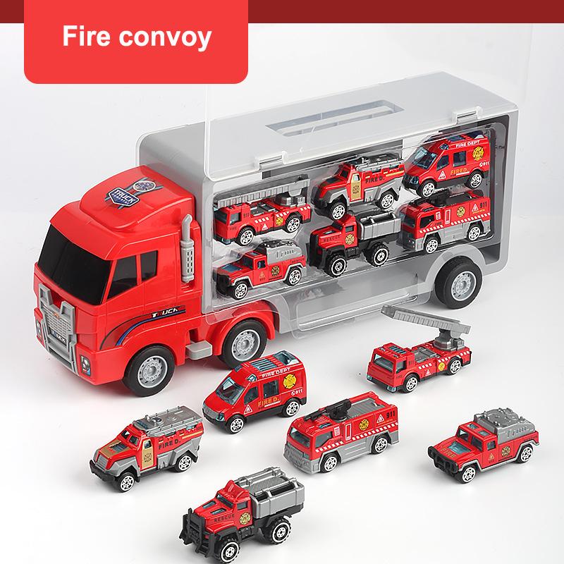New Storage Container Truck Model Simulation Engineering Fire Military Fleet Toy with Six Alloy Cars Children's Car Toy Gift
