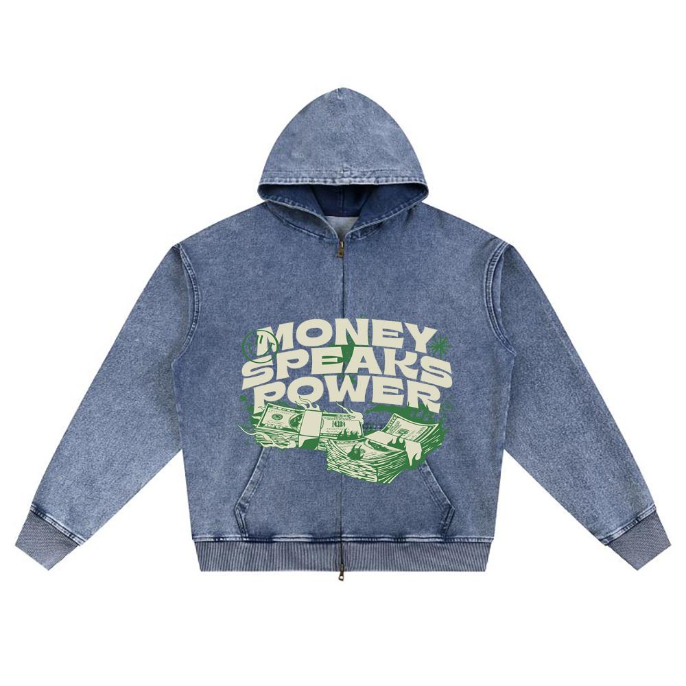 DTG Print Knitted Denim Zip-Up Hoodie Money Speaks Power Brother Print Zipper Hoodies