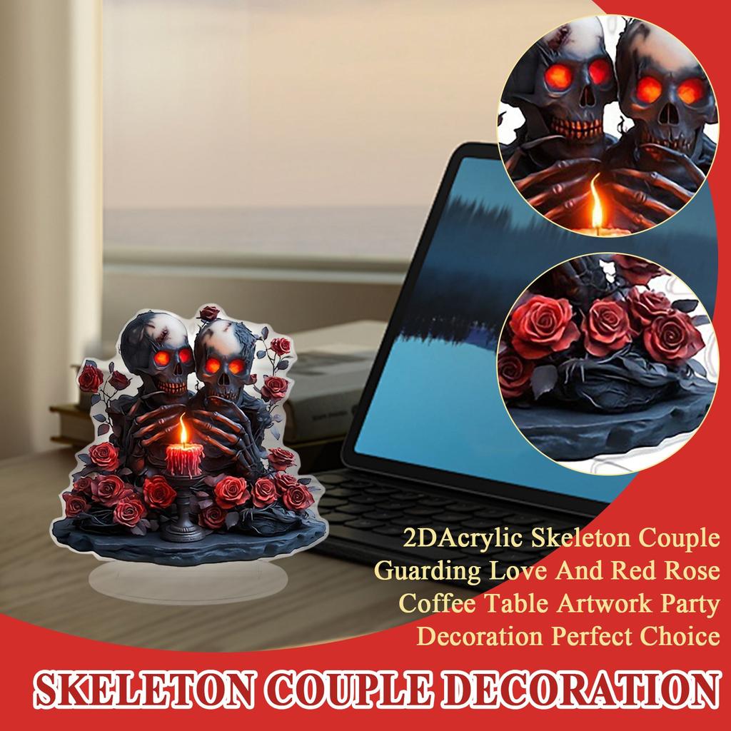 2DAcrylic Skeleton Couple Guarding Love And Red Rose Coffee Table Artwork Party Decoration Perfect Choice