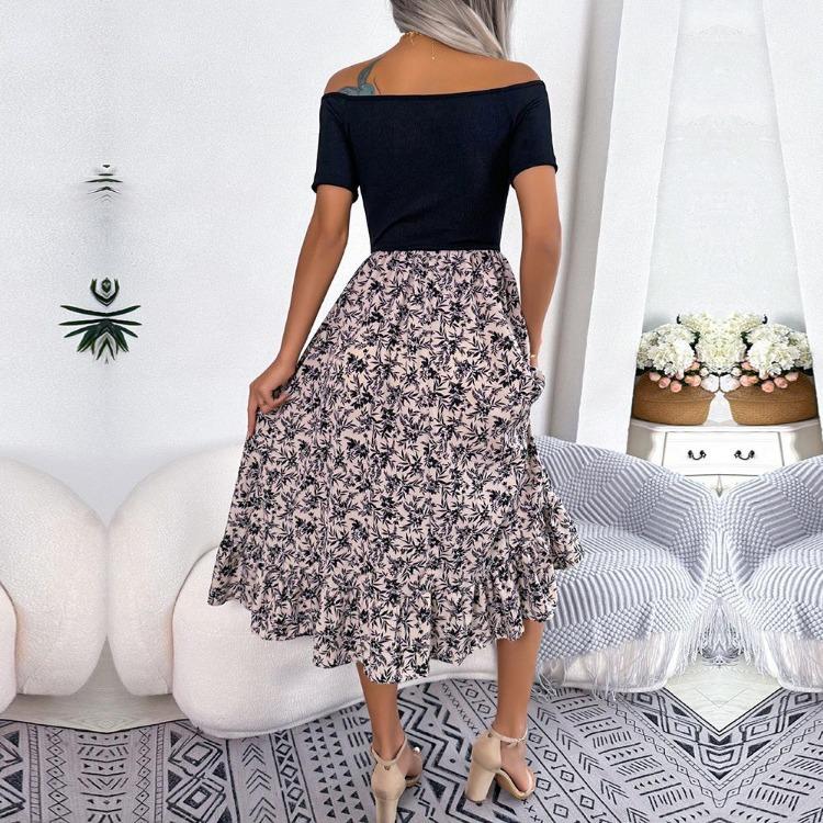 Summer Women Off Shoulder Floral Ruffled Medium Long Dress Spring
