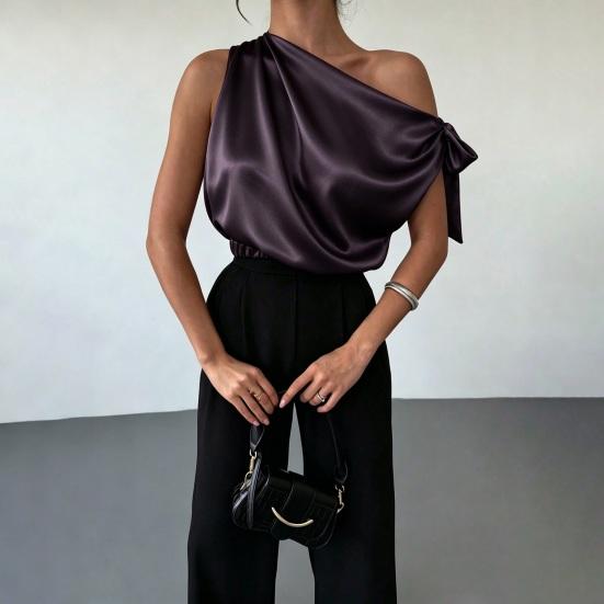 Dames Blouse Schuine Schouder Asymmetrisch Off-Shoulder Strik Blouse Casual Kantoorstijl Losse Pasvorm Satijnen Tops Dagelijkse Kleding