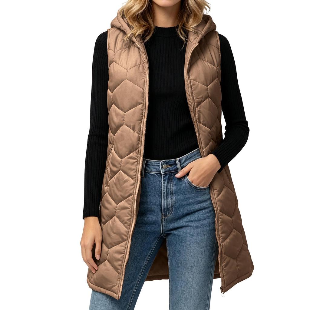 Women's Casual Long Hooded Sleeveless Padded Vest