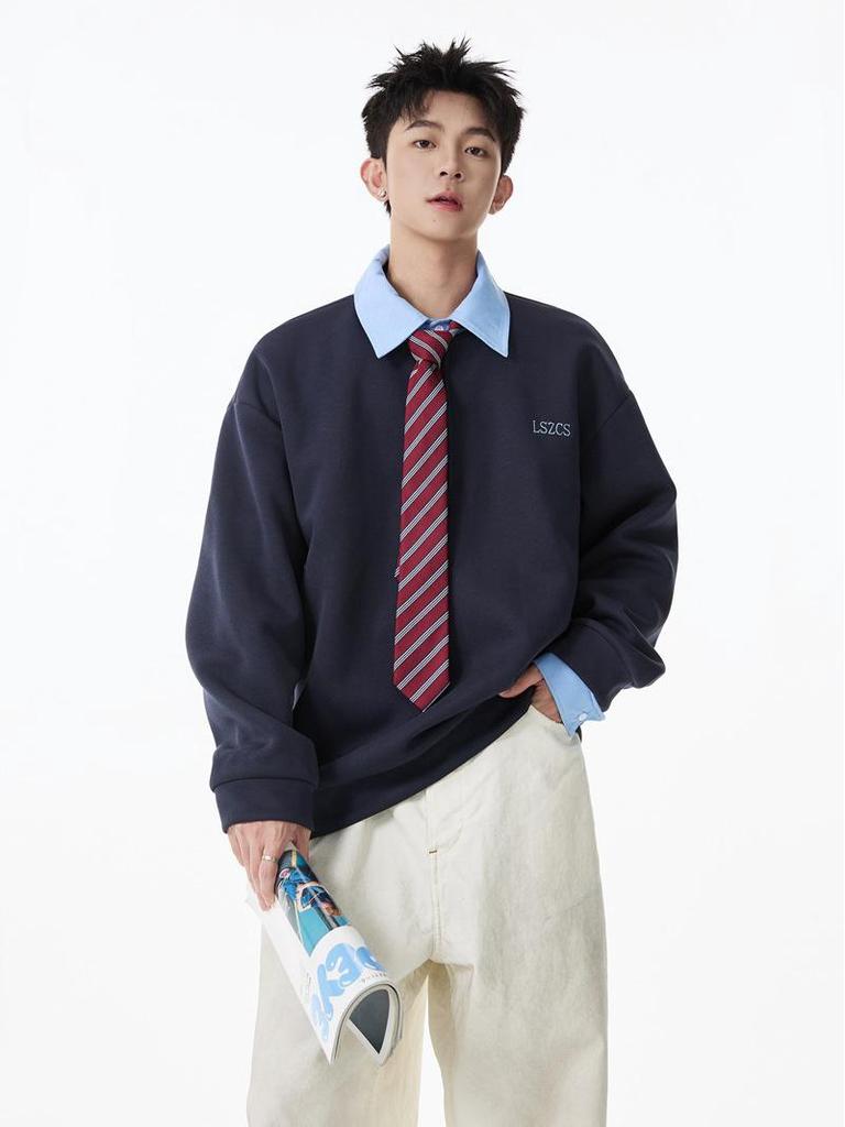Unisex Heavyweight Faux Two-Piece Half-Zip Polo Sweatshirt, Autumn College Style, Lapel, Pullover, Loose Casual Top, Trendy.