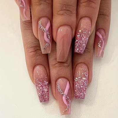 24pcs Glossy Long Coffin Fake Nails, Pink Gradient Press On Nails With Shiny Sequin And Glitter Swirl Line Design, Sparkling False Nails