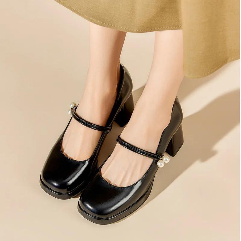 Vintage Style Japanese Women's Shoes Thick Bottom Mary Jane White High Heels Platform Shoes Rubber Sole Adult Women's Footwear S