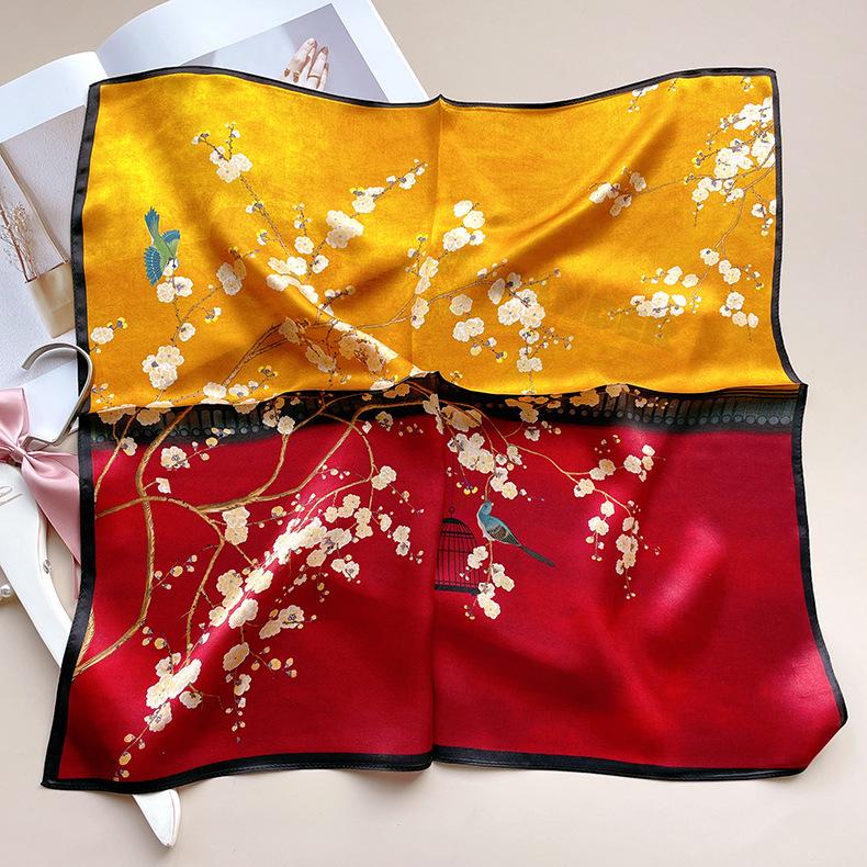 Hot-selling new product Guofeng series small square silk scarf three-dimensional silk satin oil painting retro printing mulberry silk, female