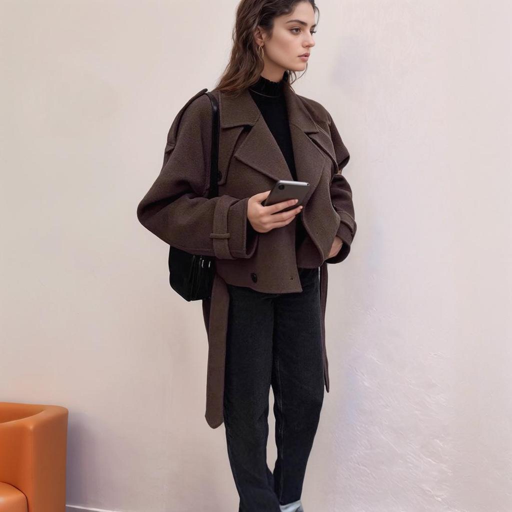 European and American Cross-Border Women's Tie-Waist Wool Coat: Autumn/Winter Long Sleeve Jacket