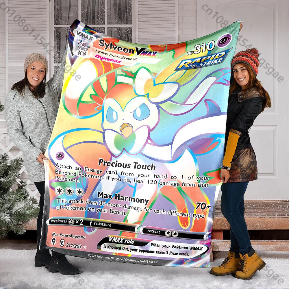 Cartoon Pokemon Cards Sylveon Printed Blanket Flannel Fluffy Soft Blanket for Adult Kids Plush Sofa Home Car Camping for Gifts