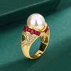 Hua Youmei Gold Plated Luxury Pearl Finger Ring Enamel Zircon Tahitian Grey