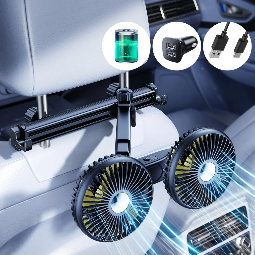 Hipacool Extension Arm Dual-Head Fan for Car Headrest 360° Rotation Air Cooling Fan Angle Adjustable 3-Speed Wind Brushless Fan