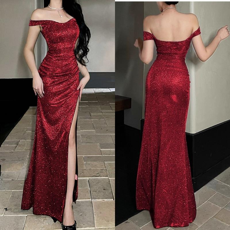 One-shoulder Blue Evening Dress Birthday Party Temperament Adult Ceremony Art Test Performance Dress French Slit Fishtail Skirt