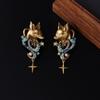 Middle Ages Fox-Shaped Earrings Unique Retro 3D Versatile Ear Studs Heavy-Duty Earbob With Colorful Diamond Inlays Jewelry Gift