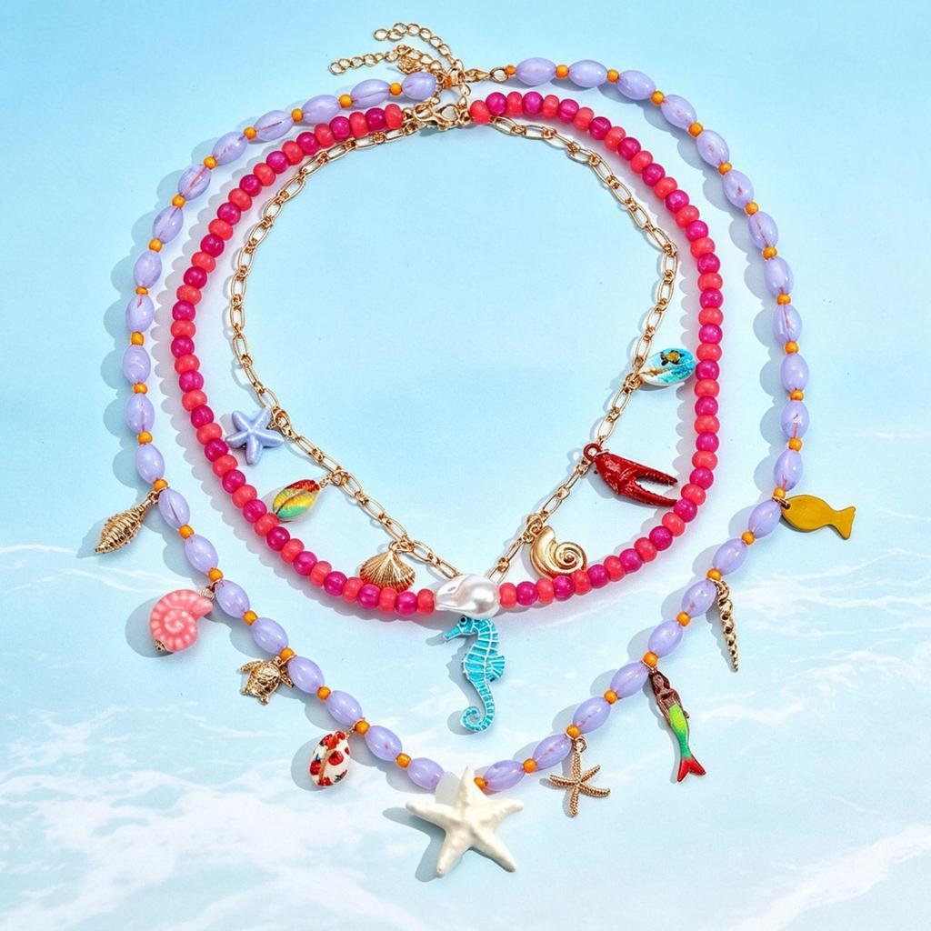 Beaded Starfish & Seahorse Multi-layer Necklace - Handmade Ocean Style Women's Accessory