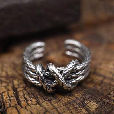 Retro Woven Rope Ring For Men Zinc Alloy Color Punk Gothic Adjustable Open Ring Handmade Rock Biker Accessories Man Zircon Gift