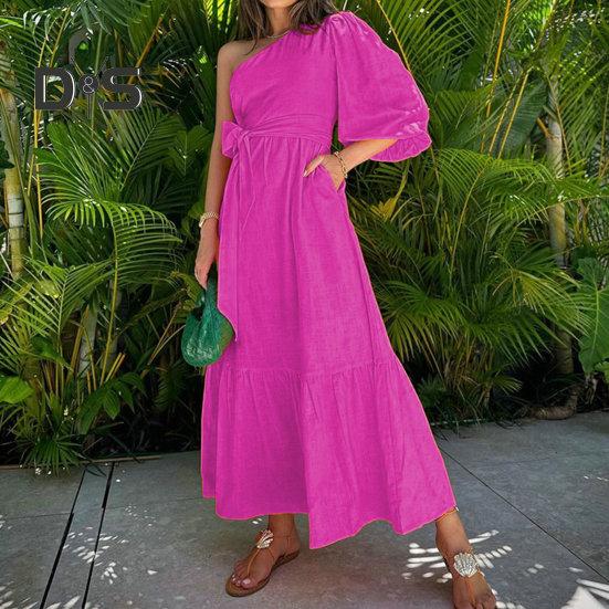 

Spring Autumn Women Slash Neck One Shoulder Maxi Dress Puff Sleeve High Waist Lace Up Ruffle Stitching Hem Party Dress Streetwear XL розы красного