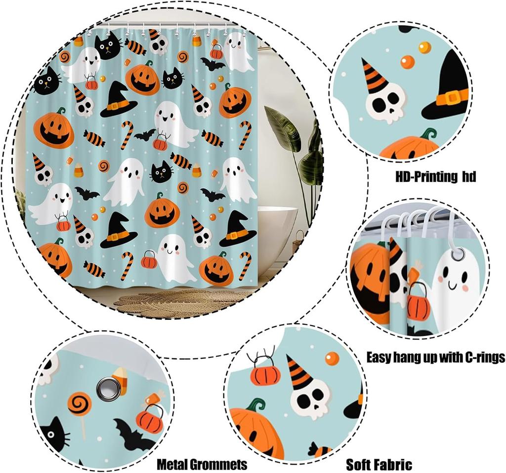 Halloween Shower Curtain Cute Ghost Pumpkins Cartoon Spooky Skull Gothic Fabric Decorative Bathroom Curtains with Hooks,Teal