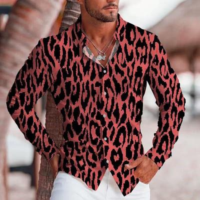 Herren Langes Lila Leopardenmuster Sommer Hemd Lässig Party