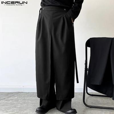 Men Elastic Waist Irregular Layers Fake Two-piece Casual Loose Pants Trousers