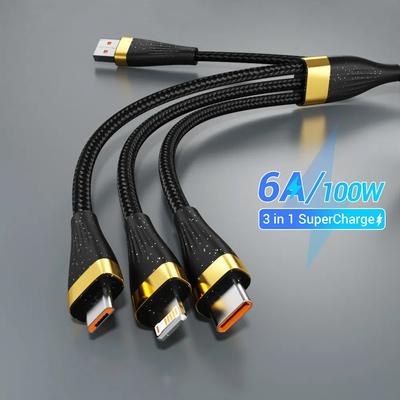 3 viename USB įkrovimo kabelis 6A 100W Huawei/Honor nešiojamas Micro USB TypeC kabelis įkrovimo kabelis iPhone 14 Samsung