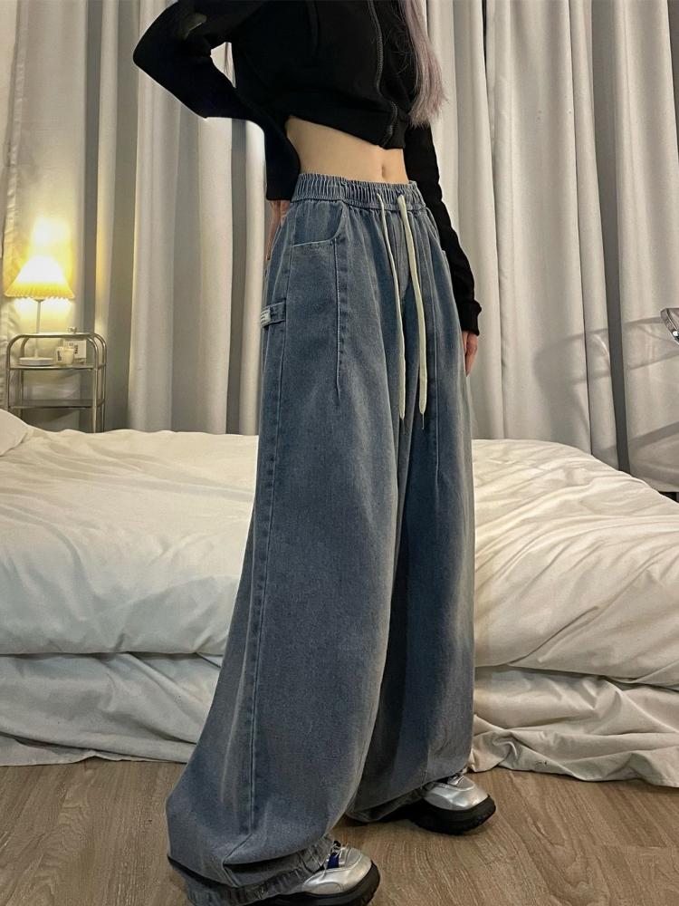 Jarní Vintage Baggy Jeans Elastický pas Ženy Oversized American Denim Široká noha Kalhoty Móda Streetwear Rovné Základní kalhoty Y2k
