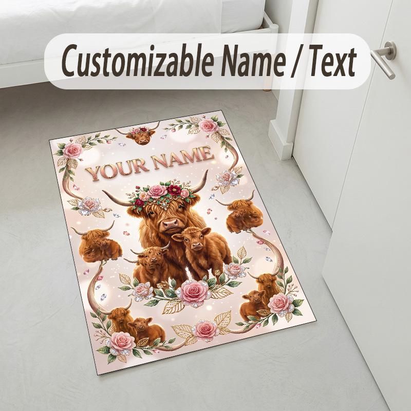 Cow Highland Theme Crystal Velvet Rug Personalized Custom Name Text Soft Floor Mat Home Decor