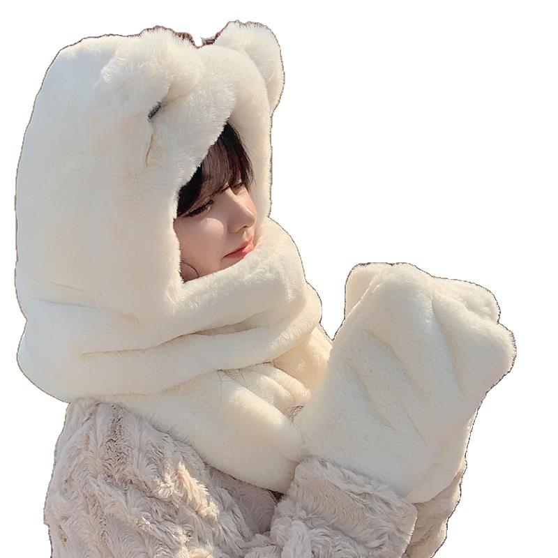 Bear hat cute female versatile autumn and winter scarf integrated warm gloves scarf three-piece trendy
