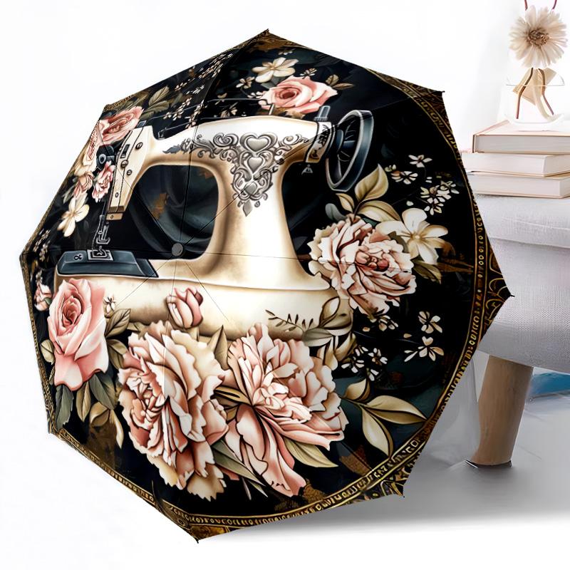 Vintage Sewing Machine Floral Art Automatic Umbrella Compact 8-Rib Design Lightweight All Season Travel Outdoor Accessory Perfect Gift for Women Men