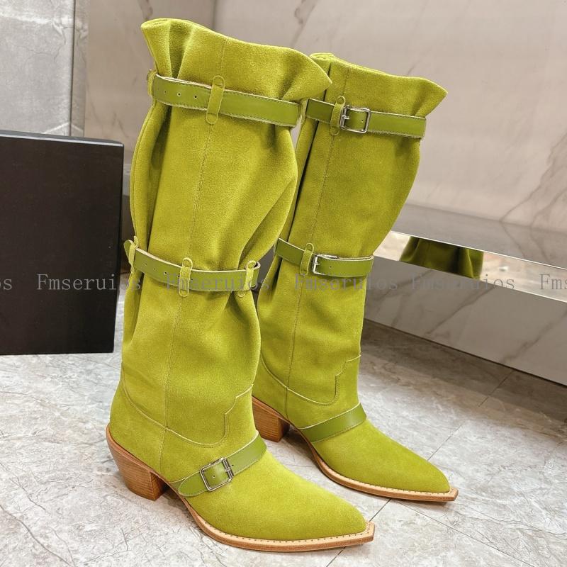 Women Knee High Boots Genuine Leather Pointed Toe Chunky Heel Solid Casual Fashion Simple Design Shoes Western Cowboy Boots