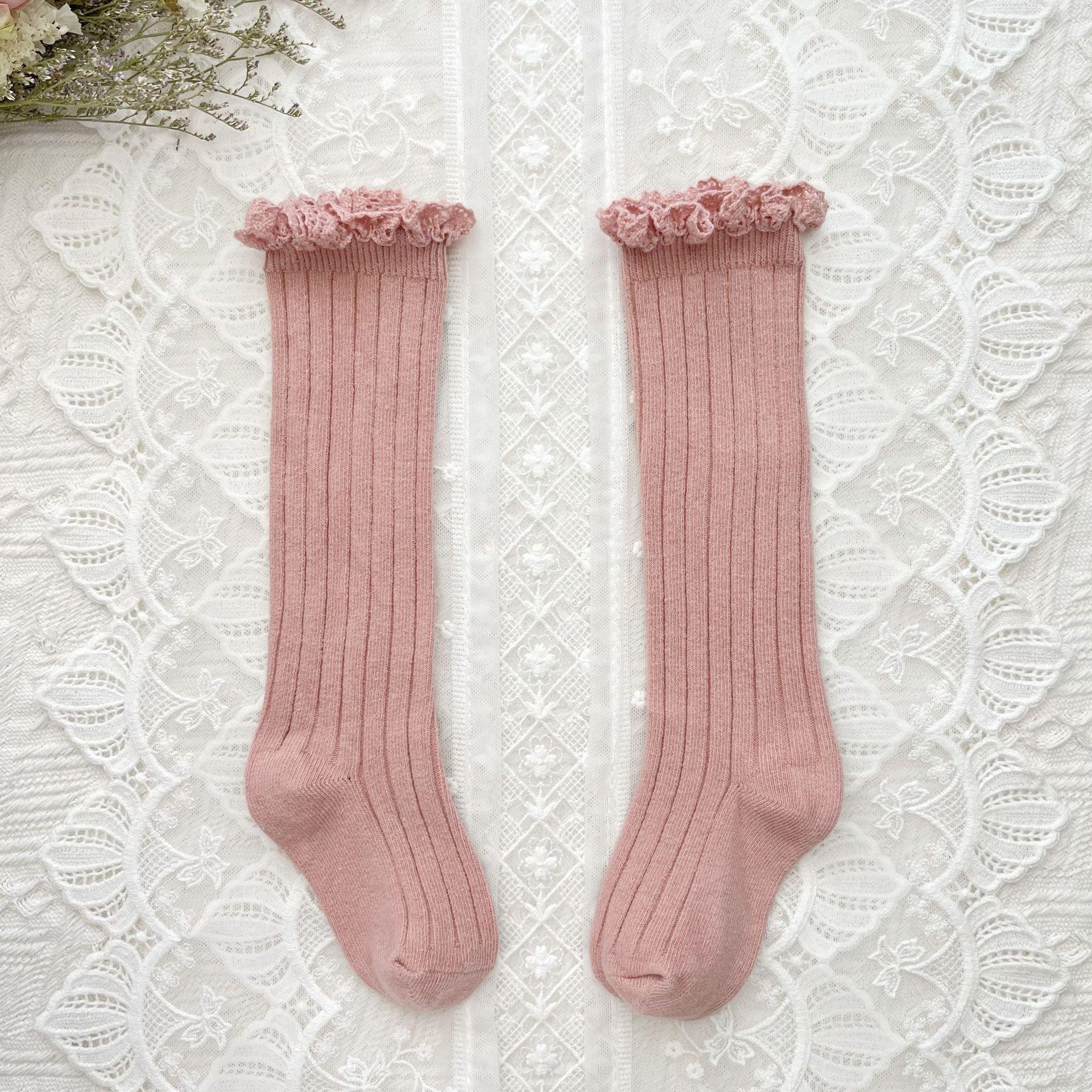 

Girls Knee High Socks Baby Kids Toddlers Ruffle Long Soft Cotton Sock Lace Flower Children School Socks 3-5Years(L) рожевий