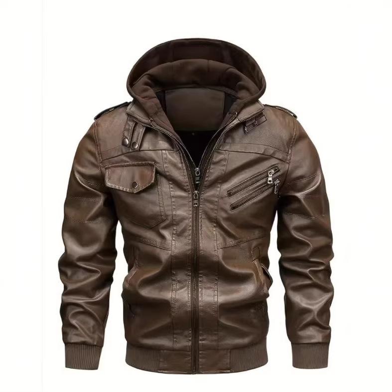 Hooded leather jacket men's fashion trend locomotive leather jacket large size middle-aged and young jacket hat detachable casual jacket pu