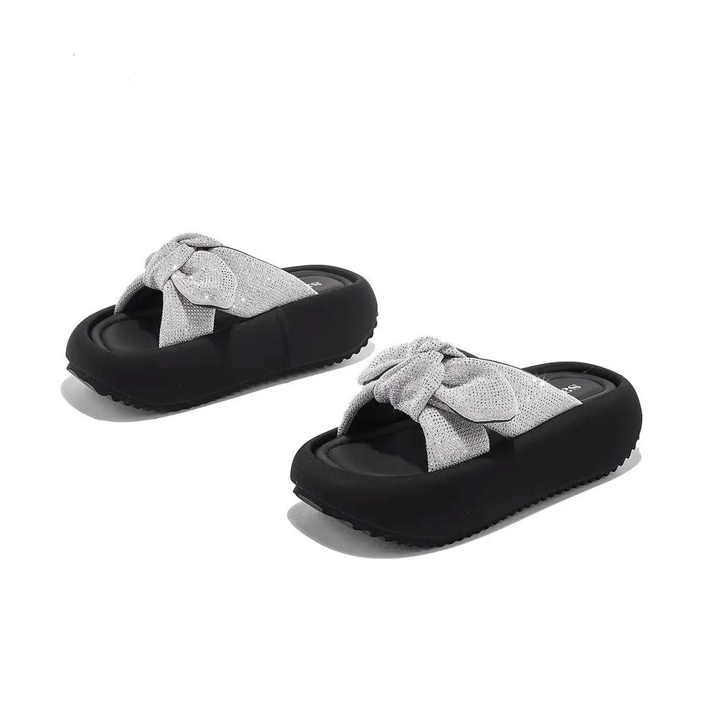 Rhinestone bow one-word drag women's summer new wear versatile sandals thick-bottomed beach slippers