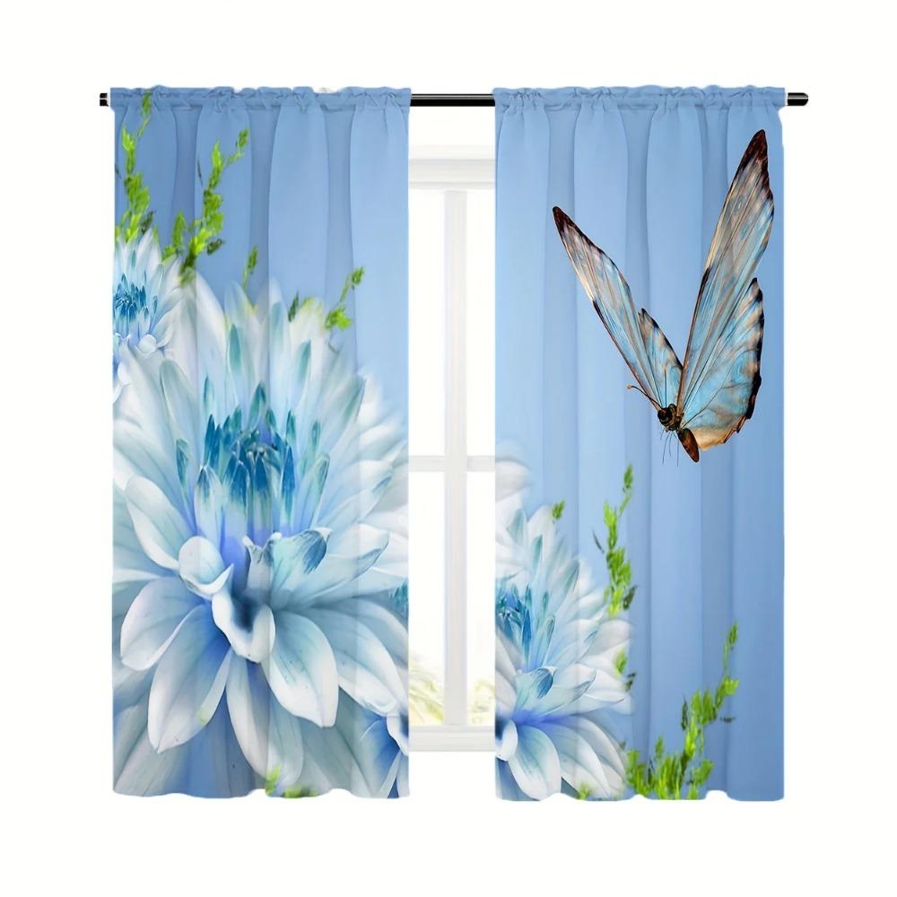2pcs Blue Background Floral Butterfly Print Curtains Polyester Material For Living Room Bedroom Study Multi-scene Home Decor