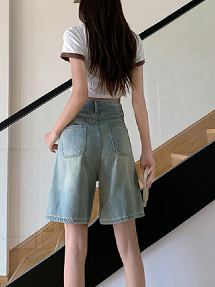 Pantaloncini di Jeans da Donna Retrò Taglia Grande Stile Americano Gamba Larga Capri Vintage Street Estate Femminile Vita Alta Larghi Corti Jeans