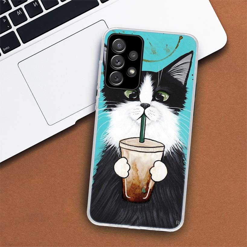 Latte Kávový Mléčný Nápoj Kočka Pouzdro na Telefon Pro Samsung Galaxy A53 A52 A73 A72 A12 5G A13 A22 A23 A32 A33 A02S A03S A42 A43 A50S Coqu