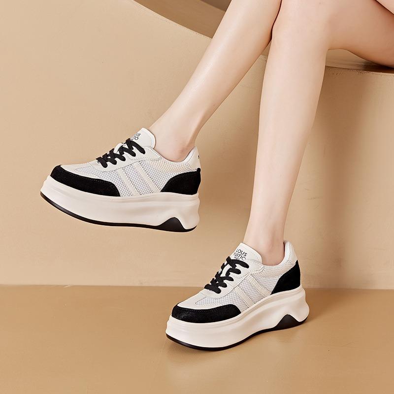 Leather mesh white shoes women's thick-soled inner height increase dad shoes women's lace-up casual student shoes women