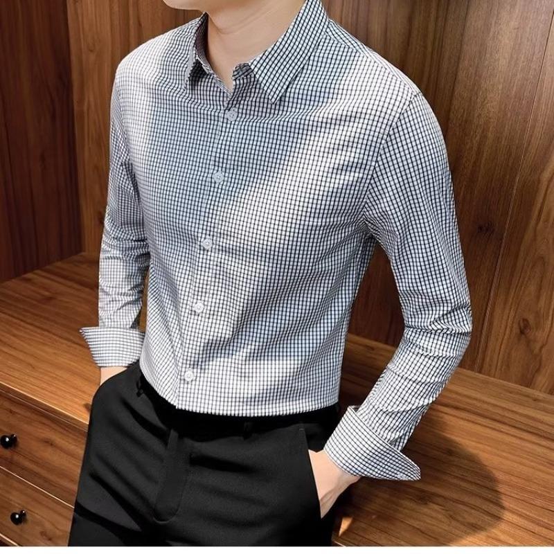 Мужская повседневная рубашка с длинным рукавом, деловая рубашка, приталенная рубашка в небольшую клетку M белый
