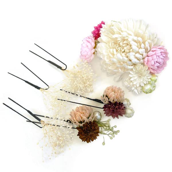 Hair ornament set Furisode ceremony White Chrysanthemum Gypsophila [Kyoto Usagido] 6-piece coming-of-age kk-001