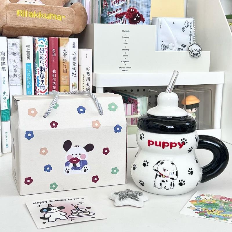 Cute spotted puppy straw cup high value ceramic mug cartoon children's water cup milk cup birthday gift