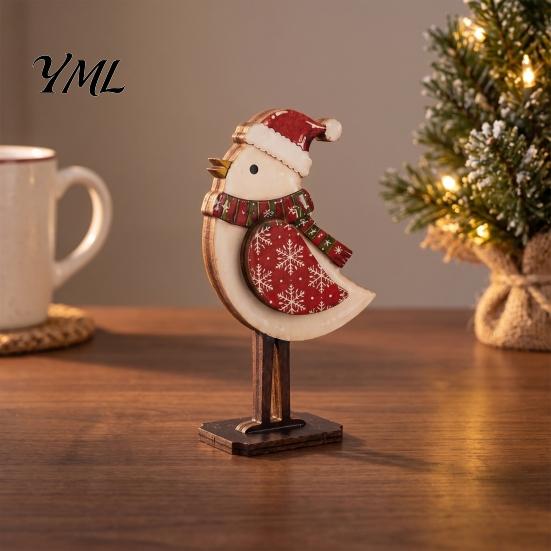 Winter Home Accents Christmas Bird Wooden Figurine with Santa Hat & Scarf, Cute Holiday Desk Ornaments Tabletop Decor, Festive Shelf Ornament