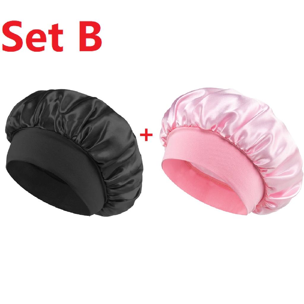 Women's Wide-brimmed Night Sleep Hair Caps Silky Bonnet Nightcap Elastic Headband Satin Head Cover Hat Shower Cap for Curly Hair