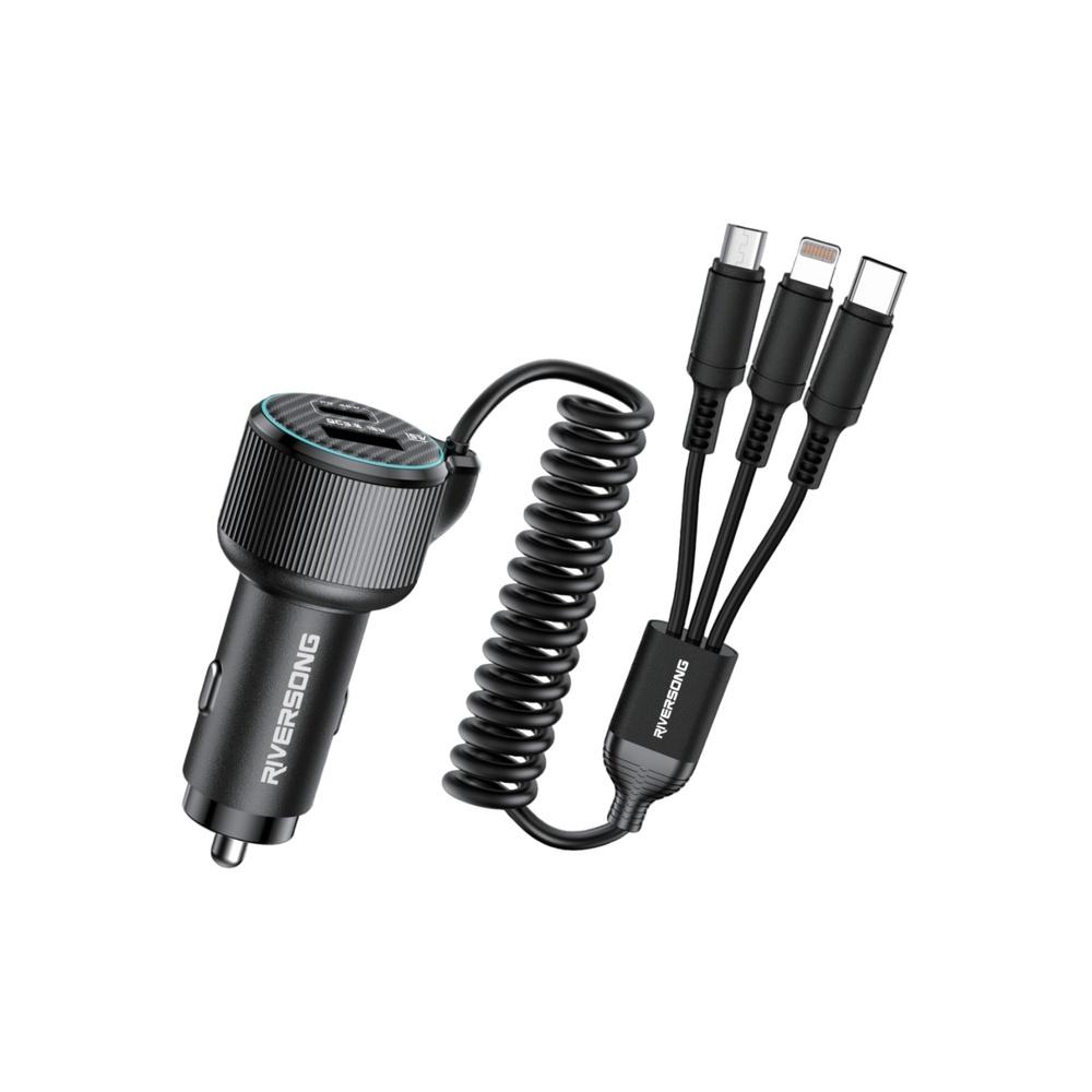 

Safari 5-in-1 Fast Car Charger 60W Dual Port (USB-A & Type-C) with Built-in 3 Cables (2 Type-C & 1 Lightning) 1.8m Cable Length Smart Chip M