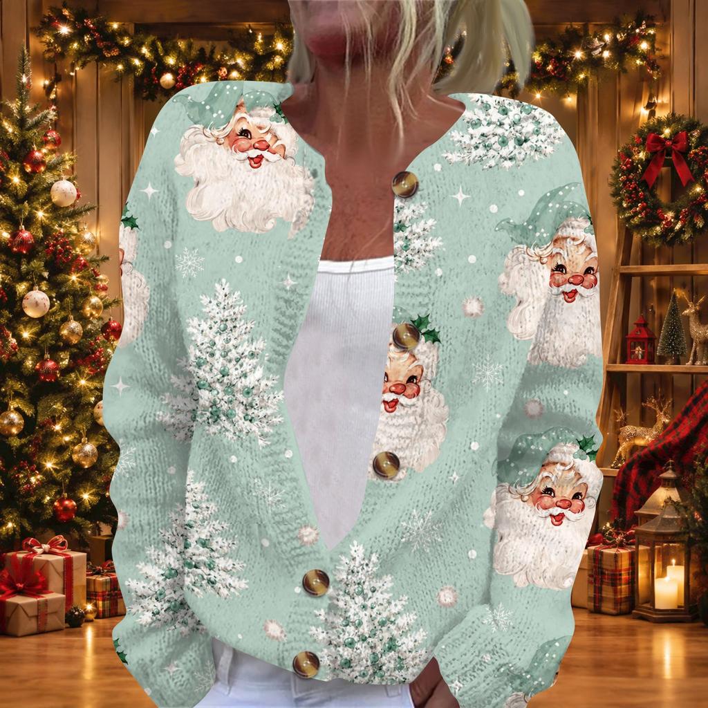 Women's Christmas Print Knit Cardigan Button Front Long Sleeve Sweater Coat for Holiday