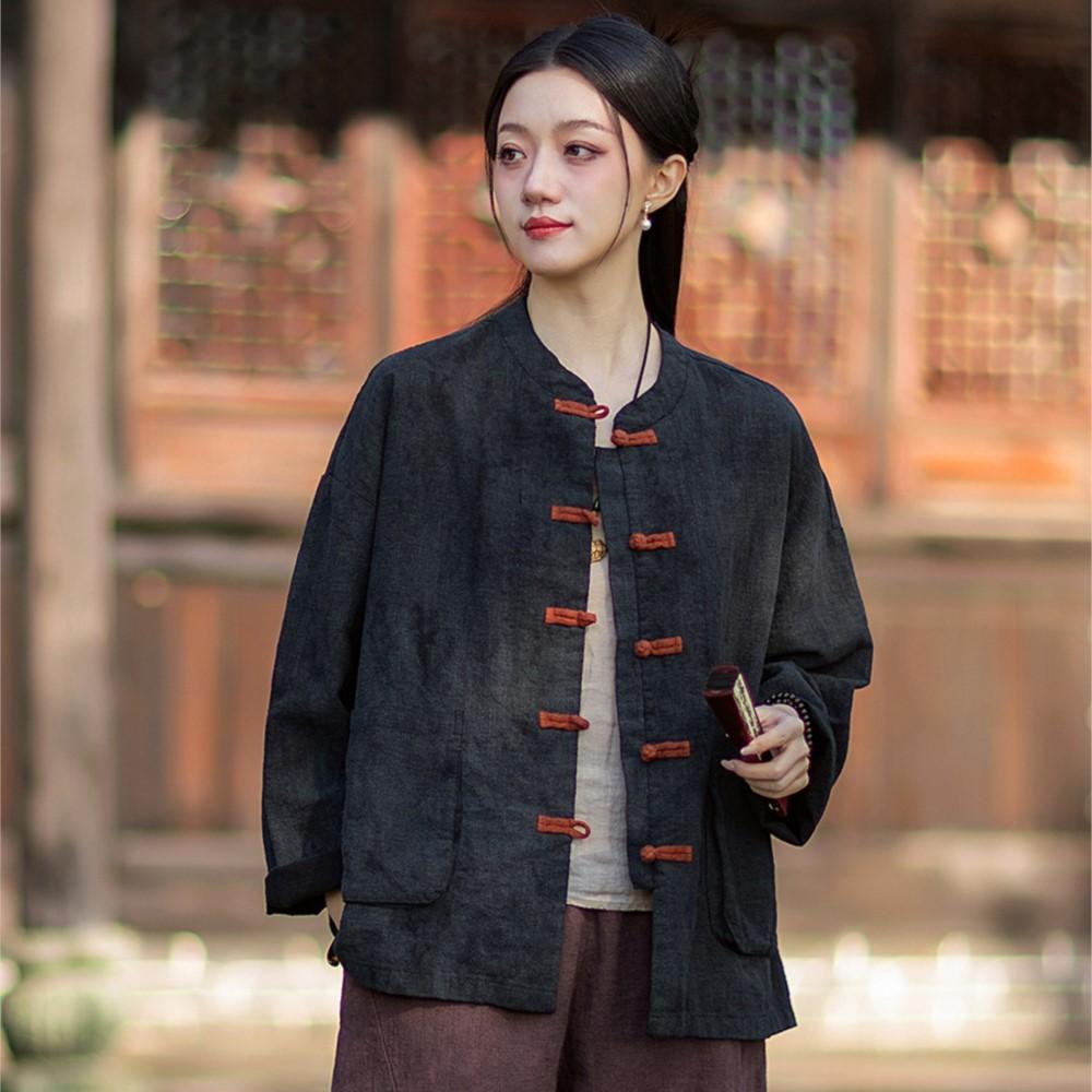 Women Vintage Shirts Tops Stand Long Sleeve Spring Chinese Style Button High Quality Cardigan Blouses